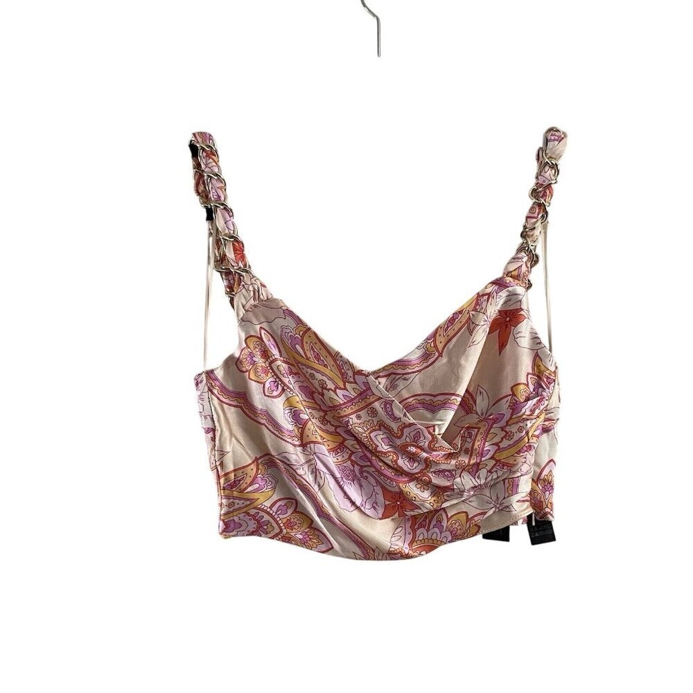 Zara Womn XS Paisley Satin Chain Straps V-Neck Faux Wrap The Sasha Crop Top NWOT - Picture 2 of 10
